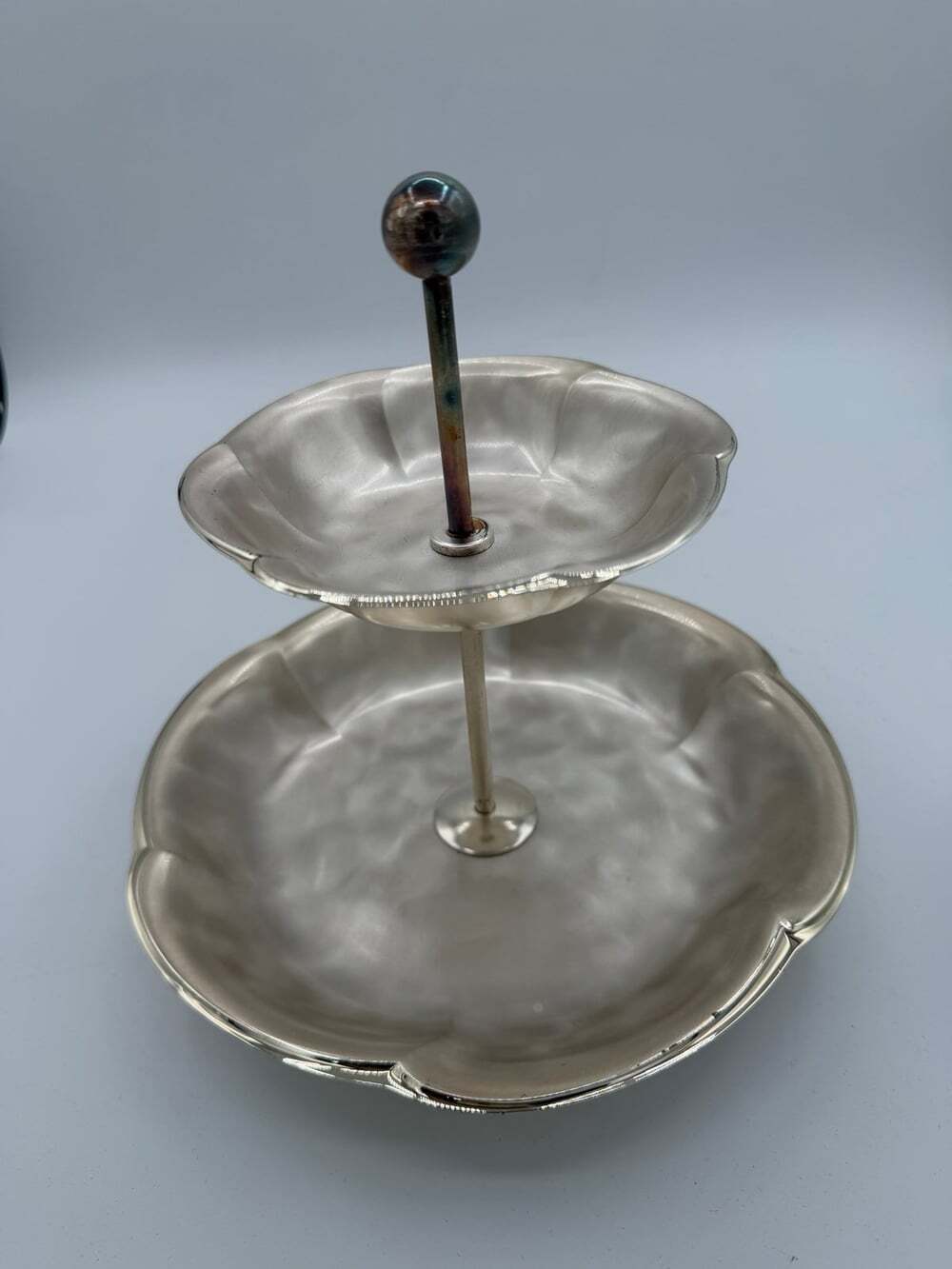 Vtg WMF Ikora silver-plated two-tier serving tray brushed finish scallop edge *